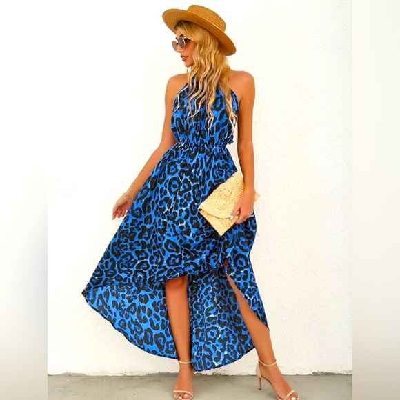 New Leopard Print Backless Asymmetrical Halter Dress - Picture 1 of 6
